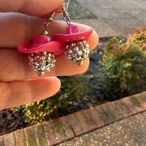 Cowgirl Hat Earrings Pink Western Rhinestone Dangle | Nickel Free French Hooks